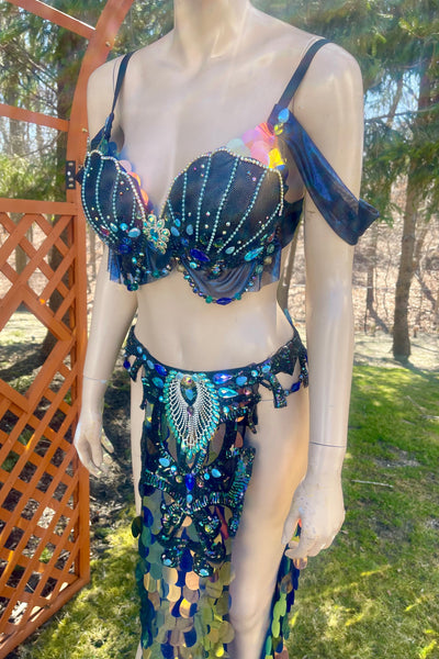 Black Iridescent Blue Rainbow Sequins Mermaid Siren Belly Dancer 2 Piece