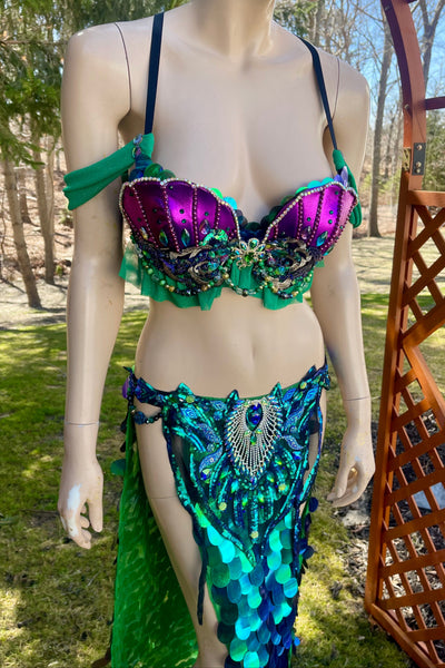 Ready to Ship 32B/34A Size Medium - Purple and Green Sequins Mermaid Siren Belly Dancer 2 Piece
