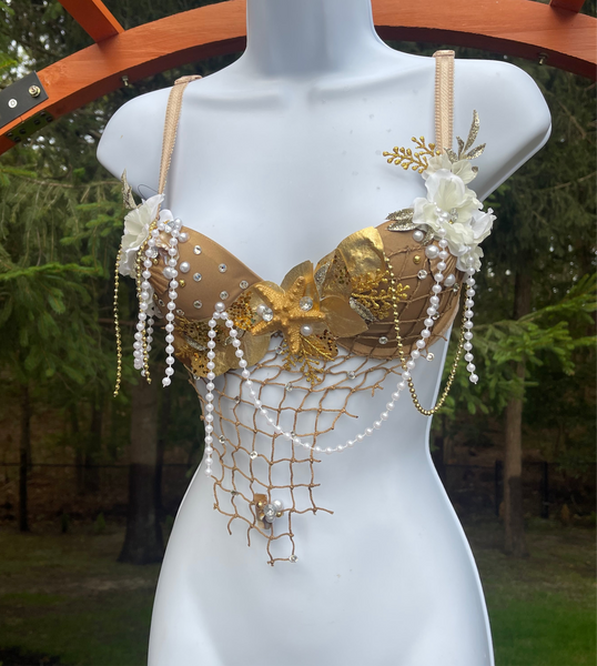 Dripping in Gold Mermaid Dance Costume Rave Bra Wear Halloween