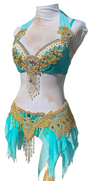 Arabian Nights Inspired Costume – Turquoise & Gold Rave Bra and Shorts Set