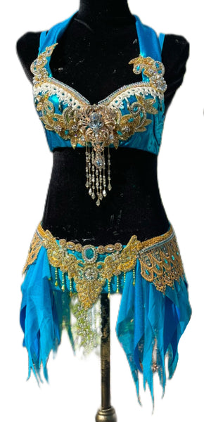 Arabian Nights Inspired Costume – Turquoise & Gold Rave Bra and Shorts Set