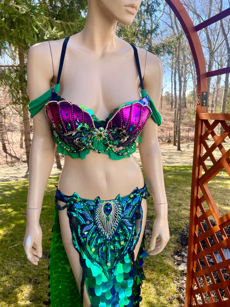 Purple and Green Sequins Mermaid Siren Belly Dancer 2 Piece