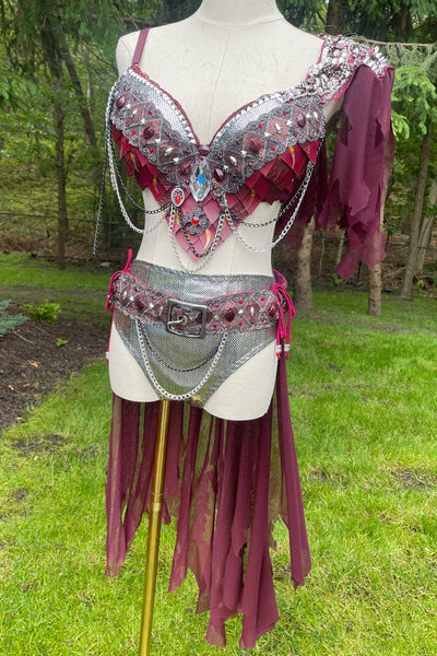 Ready to Ship 34D/36C Large - Burgundy and Silver War Torn Dragon Slayer Warrior Cosplay Bra and Bottom Costume