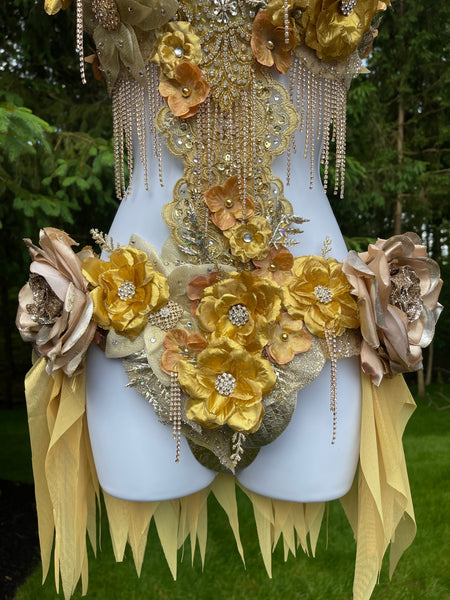 Dripping in Gold Golden Diamond Spring Fairy Goddess with Center Strap Monokini Dress Costume