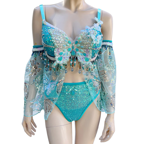 Ready To Ship -34DD Medium - Turquoise Blue Dancing Butterfly Goddess Fairy Festival Bra High Rise Bottom and Skirt Halloween Costume