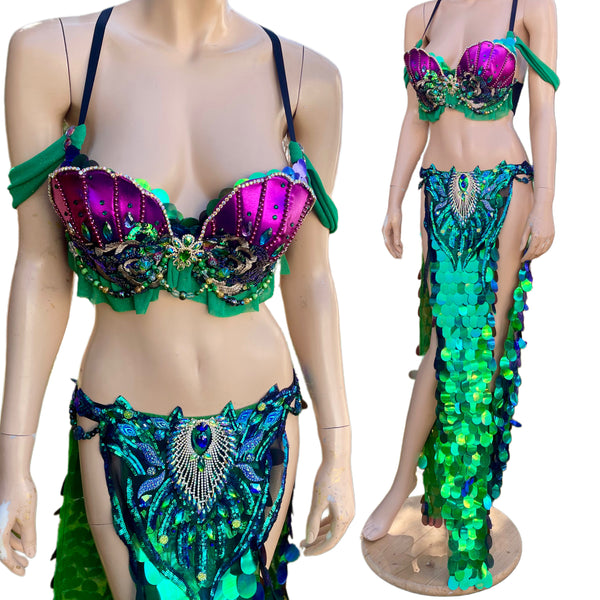 Purple and Green Sequins Mermaid Siren Belly Dancer 2 Piece