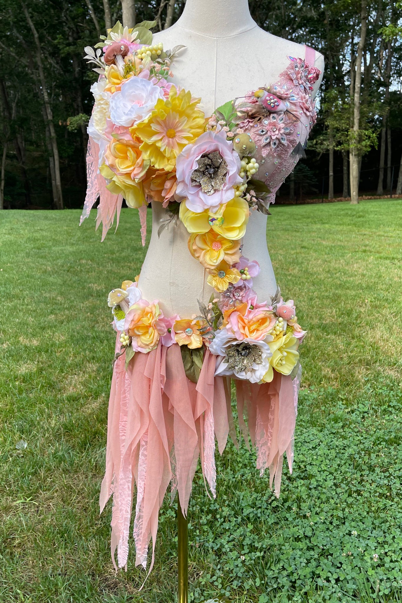 Ready to Ship - 36DDD Large - Pink and Yellow Rose Spring Fairy Bra and Skirt Costume