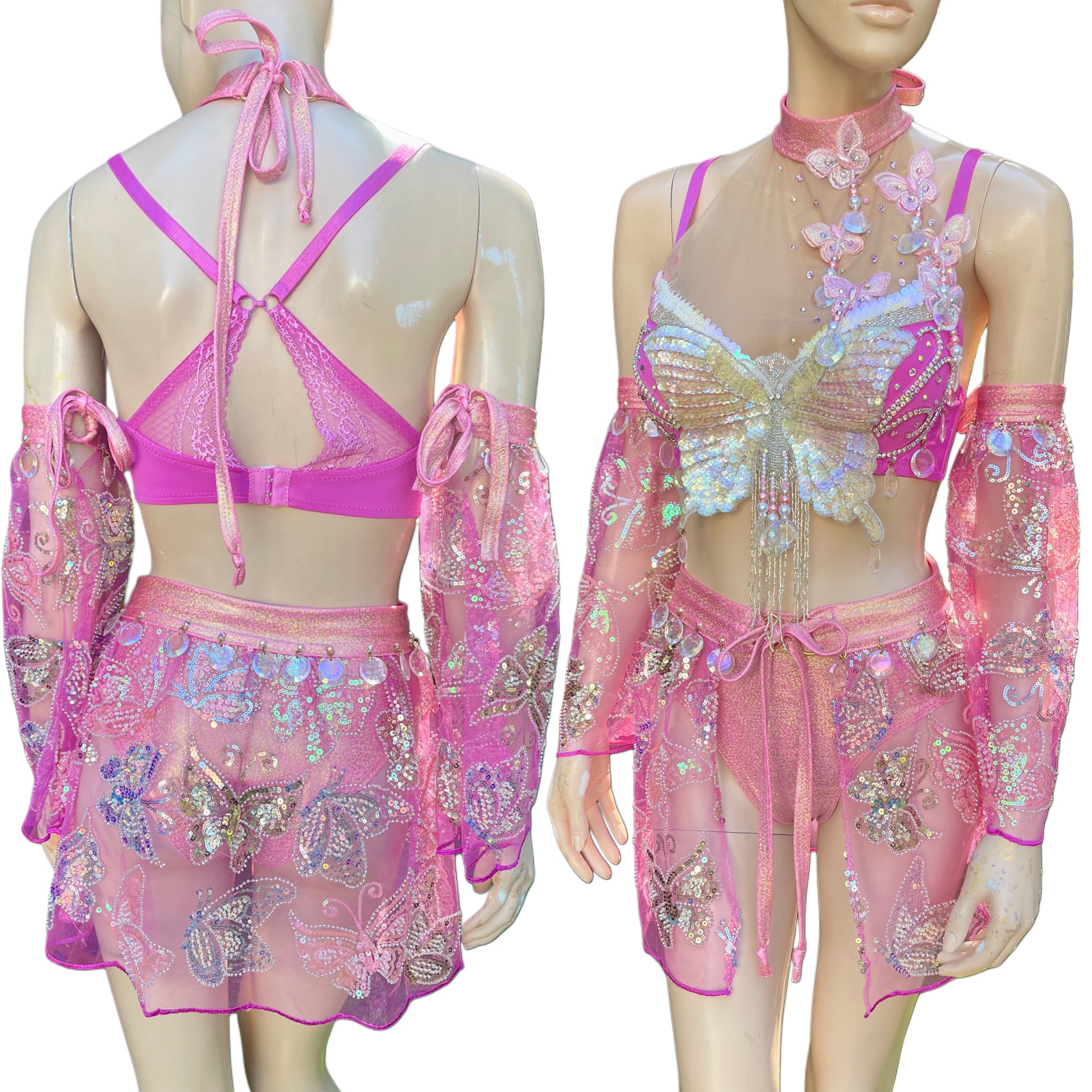 Ready To Ship - 34C Medium - Pink Dancing Butterfly Goddess Fairy Festival Bra High Rise Bottom and Skirt Halloween Costume