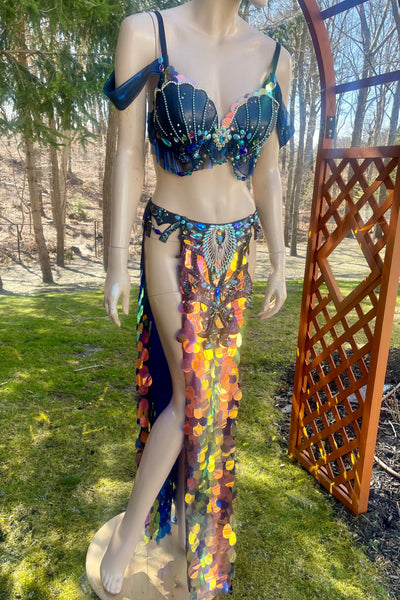 Black Iridescent Blue Rainbow Sequins Mermaid Siren Belly Dancer 2 Piece
