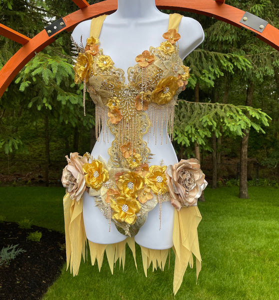 Dripping in Gold Golden Diamond Spring Fairy Goddess with Center Strap Monokini Dress Costume