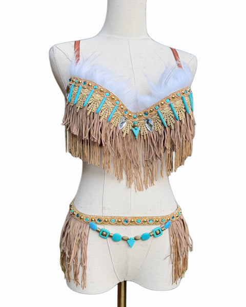 Native Turquoise Brown Fringe Bra and Skirt