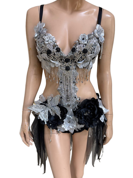 Ready to Ship - 34C Medium - Dripping in Silver and Black Diamond Spring Fairy Goddess with Center Strap Monokini Dress Costume