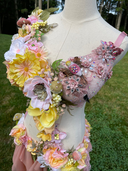 Ready to Ship - 36DDD Large - Pink and Yellow Rose Spring Fairy Bra and Skirt Costume