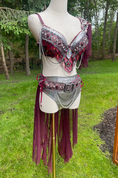 Ready to Ship 34D/36C Large - Burgundy and Silver War Torn Dragon Slayer Warrior Cosplay Bra and Bottom Costume