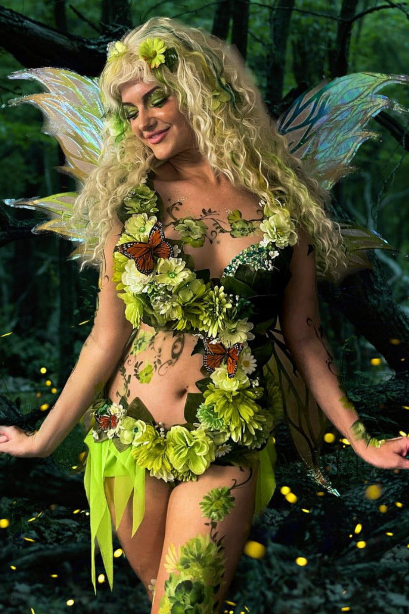 Green Fairy Monokini Warriors with Monarch Butterflies Cosplay Festival Dance Costume