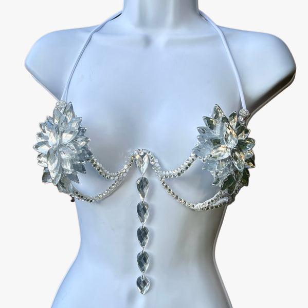 Silber Rihanna Diamond Samba Cage Rave BH Burlesque Show Girl Top