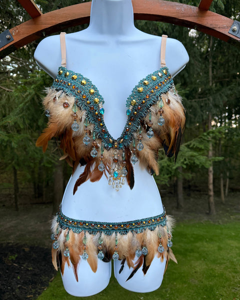 Ready to Ship - 34D 32”+ Skirt - Native Earth Spirit Princess Fringe Feather Plunge Bra Costume