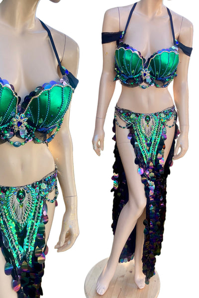 Green and Blue Sequins Mermaid Siren Belly Dancer 2 Piece
