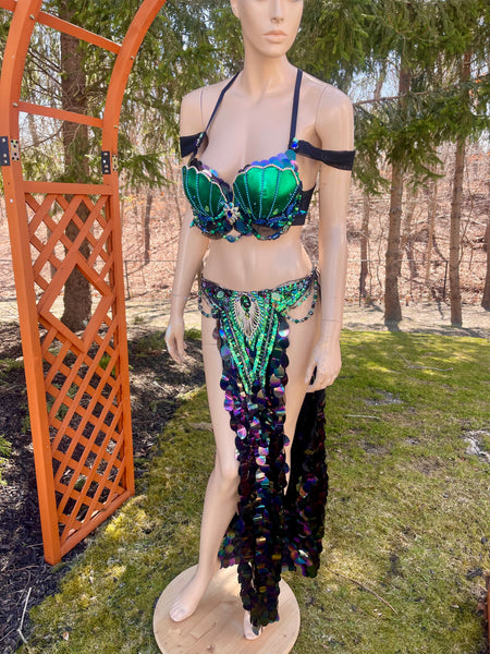 Green and Blue Sequins Mermaid Siren Belly Dancer 2 Piece