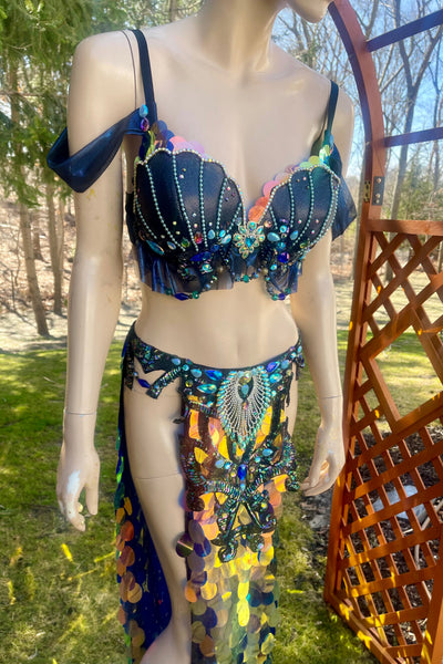 Black Iridescent Blue Rainbow Sequins Mermaid Siren Belly Dancer 2 Piece