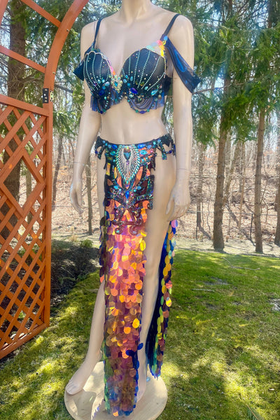 Black Iridescent Blue Rainbow Sequins Mermaid Siren Belly Dancer 2 Piece