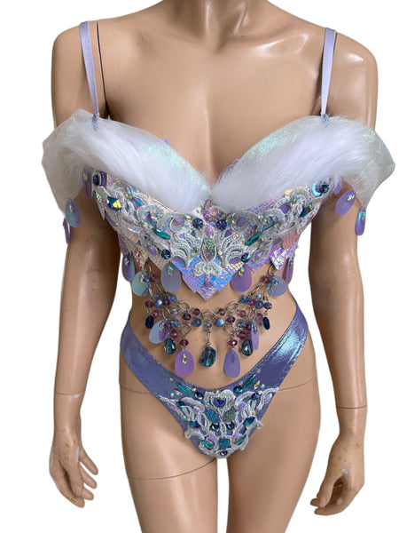 One of a Kind - Ready to Ship- Size 34D Medium High Rise V Bottom - Iridescent Lavender Dragon Scale Top and Bottom Dance Festival Cosplay Costume