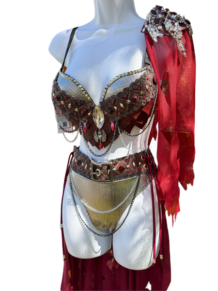Burgundy and Silver War Torn Dragon Slayer Warrior Cosplay Bra and Bottom Costume