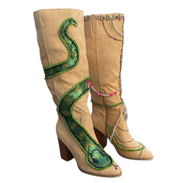 Britney I’m A Slave for You Suede  Boots with a sequins Snake and Rhinestone Detailing