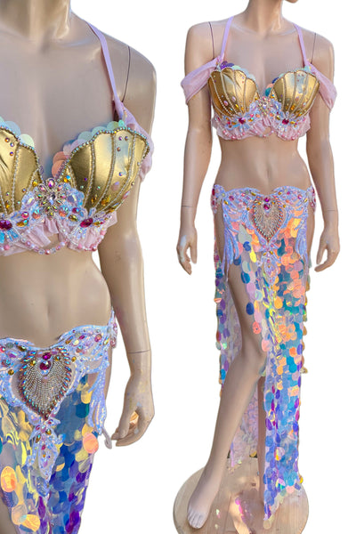 Ready to ship 34D/32DD Medium - Pink and Gold Sequins Mermaid Siren Belly Dancer 2 Piece