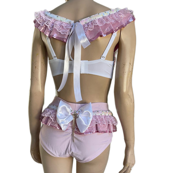 Sweet Pastel Pink Glitter Diamond Bra with Scrunchie Bottom Costume