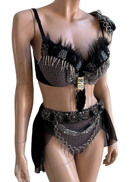 Ready to ship - 34C/36B Medium High Rise Bottom - Black and Silver Studded Viking Warrior Gladiator Costume
