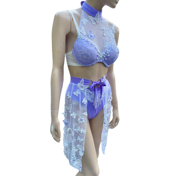 Ready To Ship - 34C Small - Lavender Pearls Butterfly Fairy Dance Rave Bra and Skirt Halloween Costume