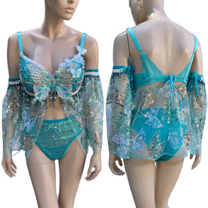 Ready To Ship -34DD Medium - Turquoise Blue Dancing Butterfly Goddess Fairy Festival Bra High Rise Bottom and Skirt Halloween Costume