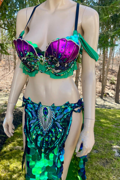 Ready to Ship 32B/34A Size Medium - Purple and Green Sequins Mermaid Siren Belly Dancer 2 Piece