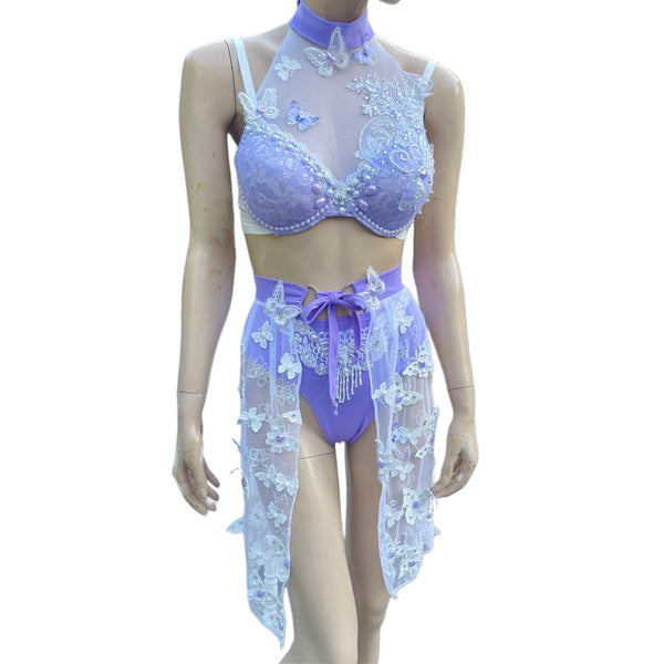 Ready To Ship - 34C Small - Lavender Pearls Butterfly Fairy Dance Rave Bra and Skirt Halloween Costume