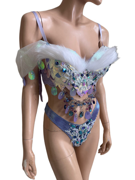 One of a Kind - Ready to Ship- Size 34D Medium High Rise V Bottom - Iridescent Lavender Dragon Scale Top and Bottom Dance Festival Cosplay Costume