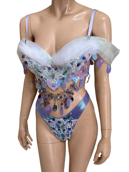 One of a Kind - Ready to Ship- Size 34D Medium High Rise V Bottom - Iridescent Lavender Dragon Scale Top and Bottom Dance Festival Cosplay Costume