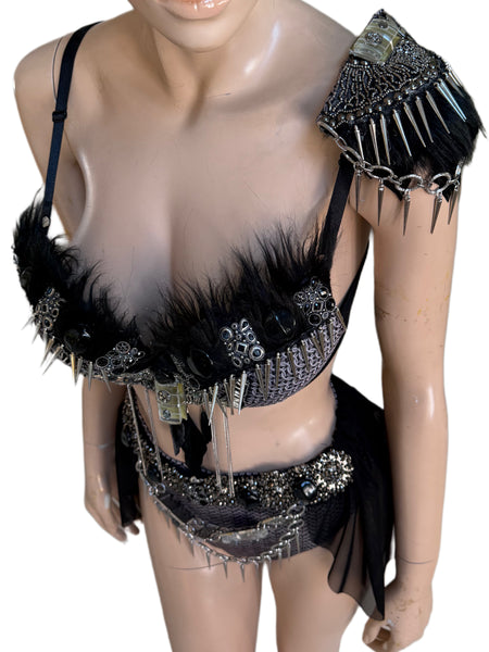 Ready to ship - 34C/36B Medium High Rise Bottom - Black and Silver Studded Viking Warrior Gladiator Costume