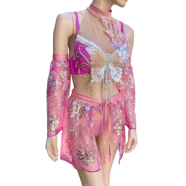 Ready To Ship - 34C Medium - Pink Dancing Butterfly Goddess Fairy Festival Bra High Rise Bottom and Skirt Halloween Costume