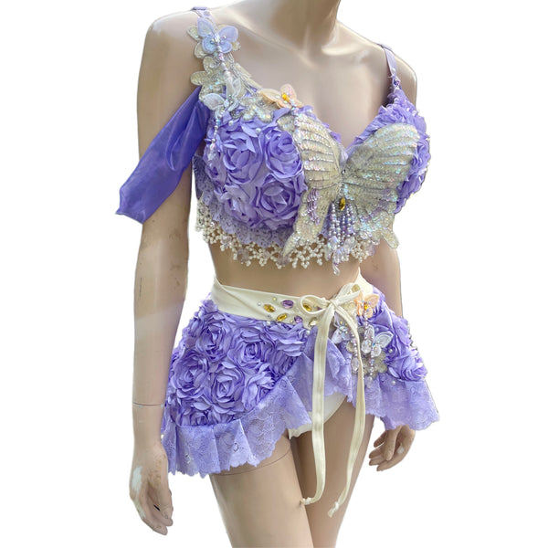 Ready To Ship - 36DDD Large - Lavender Dreams Butterfly Fairy Dance Rave Bra and Skirt Halloween Costume