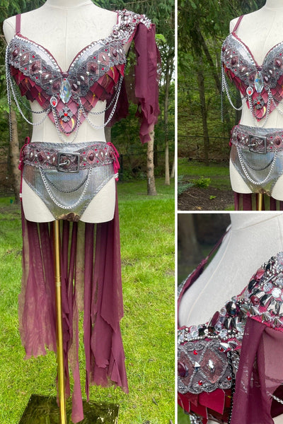 Ready to Ship 34D/36C Large - Burgundy and Silver War Torn Dragon Slayer Warrior Cosplay Bra and Bottom Costume