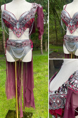 Ready to Ship 34D/36C Large - Burgundy and Silver War Torn Dragon Slayer Warrior Cosplay Bra and Bottom Costume