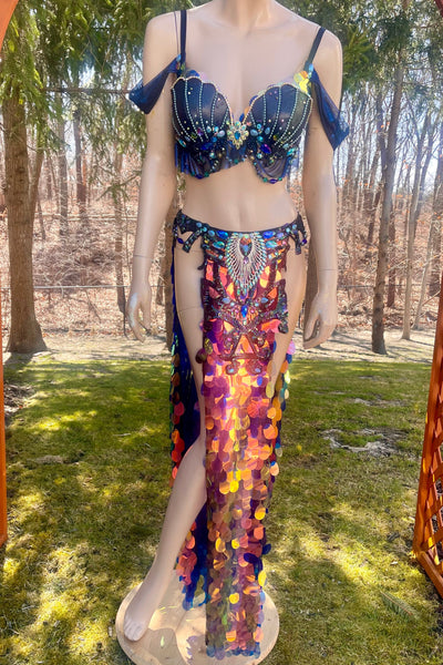 Black Iridescent Blue Rainbow Sequins Mermaid Siren Belly Dancer 2 Piece