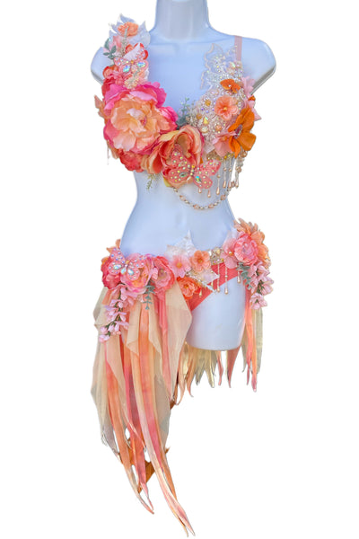Peach Fairy Butterfly Goddess Dance Ensemble Costume with Rhinestones and Beaded Accents