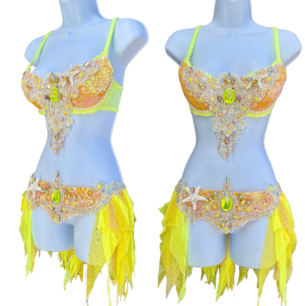 Yellow Peach Sequin Scale Mermaid Bra and Skirt