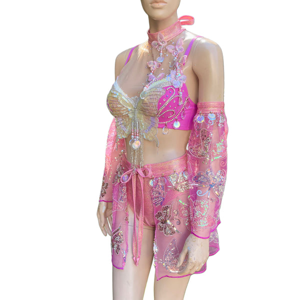 Ready To Ship - 34C Medium - Pink Dancing Butterfly Goddess Fairy Festival Bra High Rise Bottom and Skirt Halloween Costume