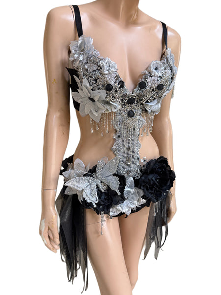 Ready to Ship - 34C Medium - Dripping in Silver and Black Diamond Spring Fairy Goddess with Center Strap Monokini Dress Costume