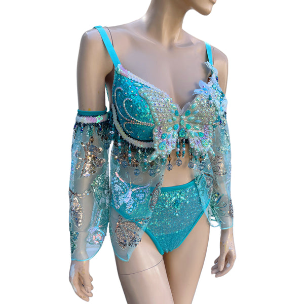 Ready To Ship -34DD Medium - Turquoise Blue Dancing Butterfly Goddess Fairy Festival Bra High Rise Bottom and Skirt Halloween Costume