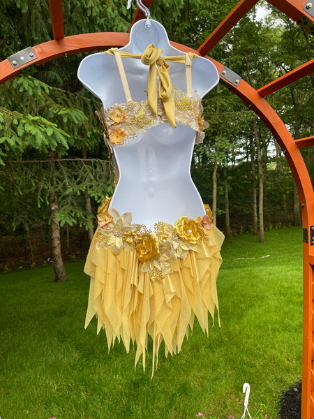 Ready to Ship - Dripping in Gold Golden Spring Fairy Goddess with Side Strap Monokini Dress Costume