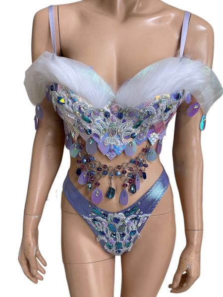 One of a Kind - Ready to Ship- Size 34D Medium High Rise V Bottom - Iridescent Lavender Dragon Scale Top and Bottom Dance Festival Cosplay Costume